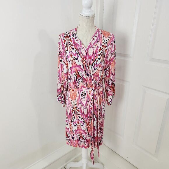 Soma Robe Womens S/M Pink Ikat Cool Nights Pockets Fixed Belt Wrap Kimono Knee